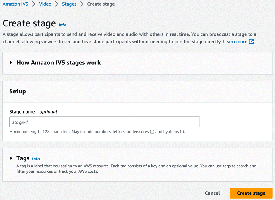 Use the Create stage window to create a new stage and a participant token for it.