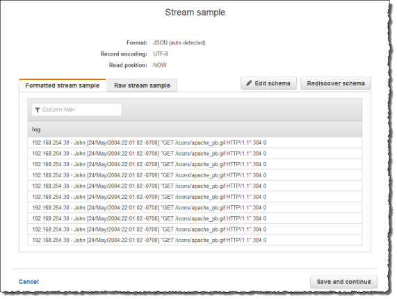 Console screenshot showing formatted stream sample tab with the in-application schema containing the log column.
