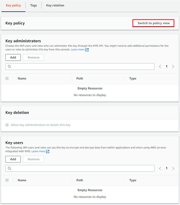 
                        View of the default key policy in default view
                            in the AWS KMS console
                    