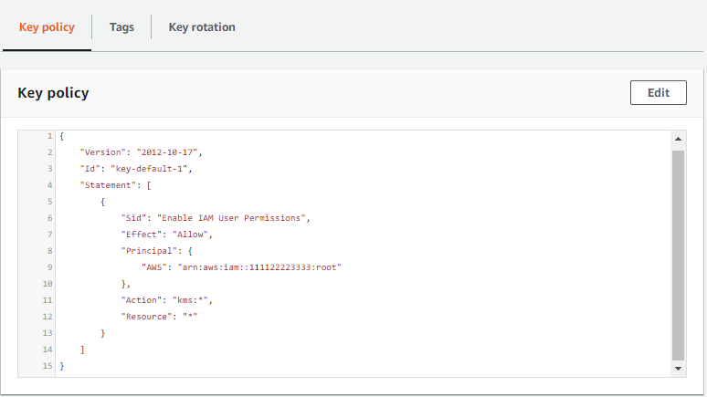
                        View of the default key policy in policy view
                            in the AWS KMS console
                    