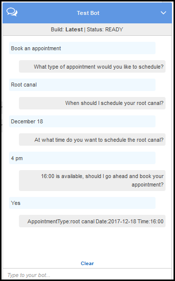 
                            Conversation with an agent, in which the agent asks the 
                            type of appointment, date, and time for an appointment and then 
                            confirms the appointment details.
                        