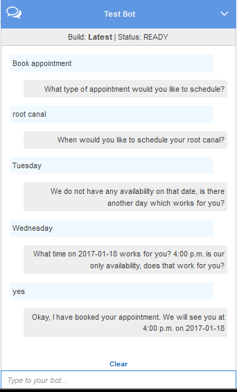 
                            Conversation with an agent, in which the agent asks the type 
                            of appointment, date, and time for the appointment and then confirms the 
                            appointment.
                        
