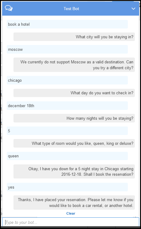 
                        Conversation with an agent, in which the agent elicits the city, 
                        day, number of nights, and type of room for a trip reservation and then 
                        confirms the reservation.
                    