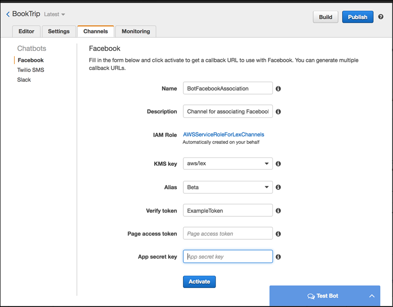 Form for integrating your bot with facebook.