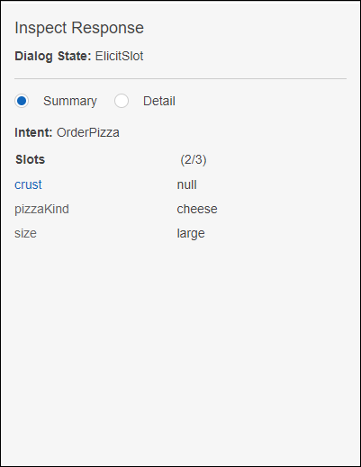 The Amazon Lex console's response summary inspection pane.