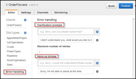 
                        Error handling section in the editor tab of the console.
                        Clarification prompts and a hang-up phrase may be specified.
                    