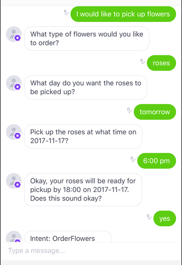 
                        1. "I would like to pick up flowers; 2. roses; 3. tomorrow; 4. 6:00
                            p.m.; 5. yes.
                    