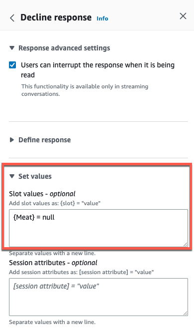 Set the slot value to be re-elicited to null in the slot values box of the set values section.