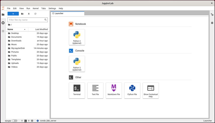 The JupyterLab launcher menu.