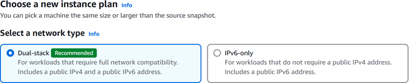 The Choose a new instance plan page showing dual stack and IPv6 address types.