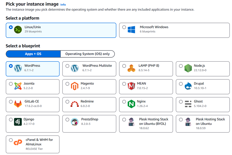 
            Pick WordPress as your Lightsail instance image
          