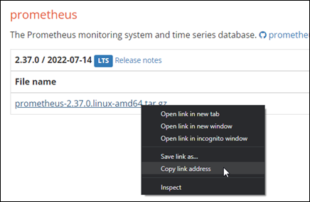 Copy download link for Prometheus