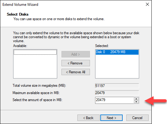 Select unallocated space in the Windows Extend Volume wizard