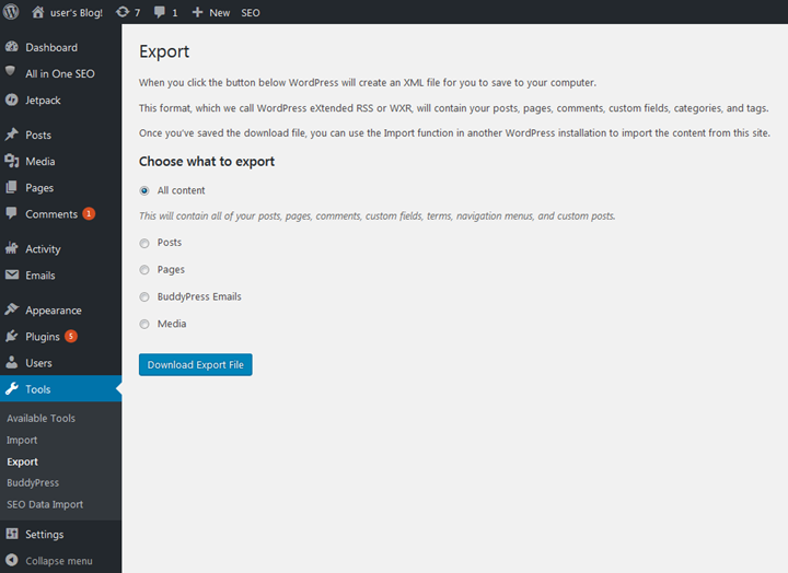 
            Export your WordPress blog using the export tools
          