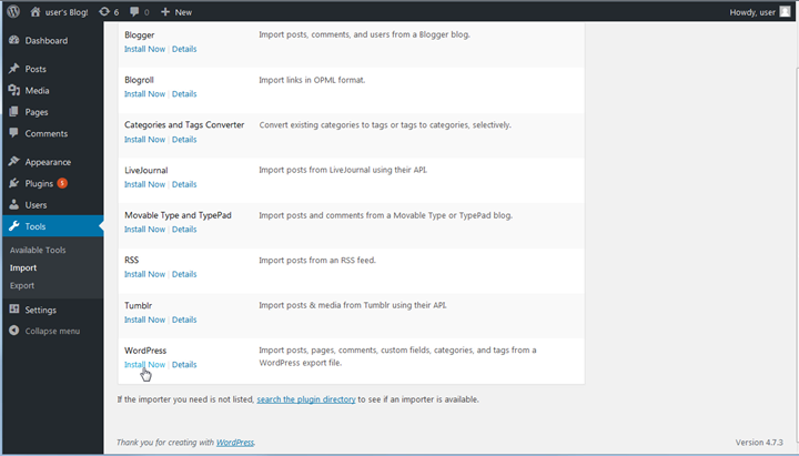
            Install the Import tool in the WordPress Dashboard
          