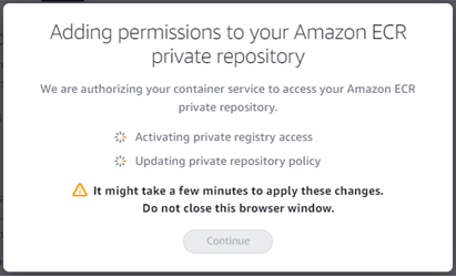 Modal confirming that permissions are being added to Amazon ECR private repository