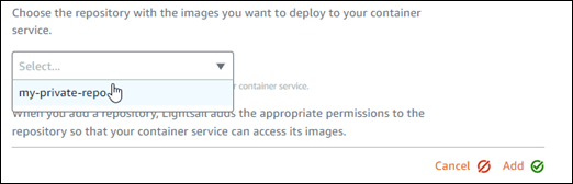 Amazon ECR private repositories dropdown selection