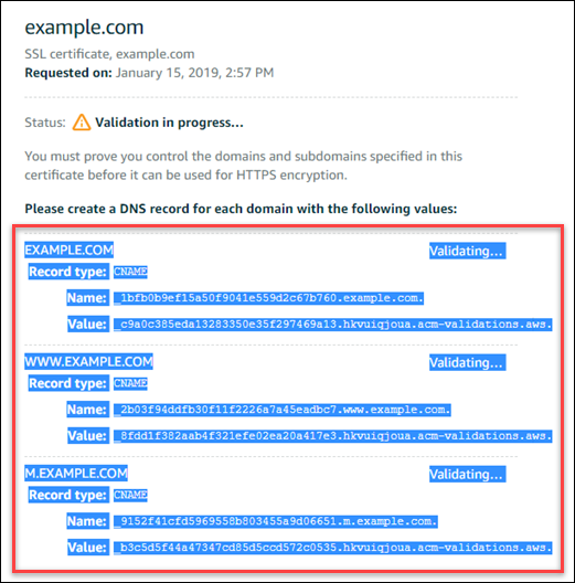 Certificate pending validation with domains and subdomains.