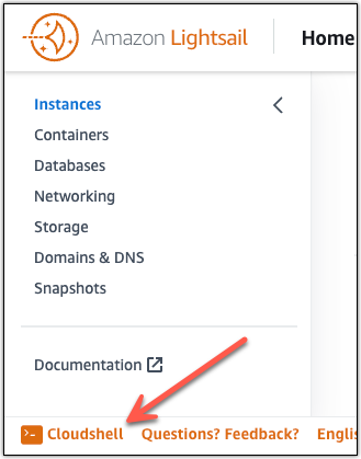 AWS CloudShell on the Lightsail console toolbar.