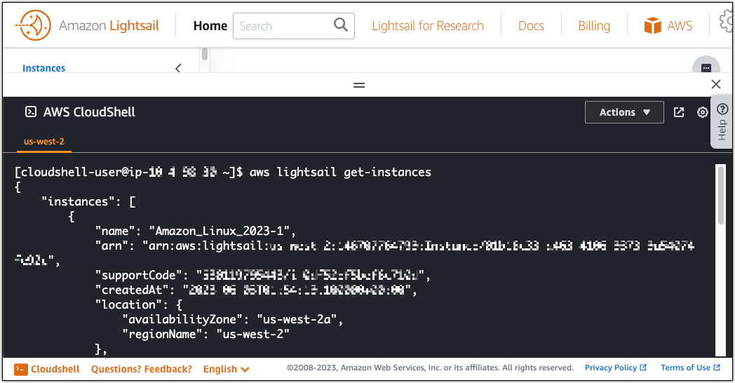 Amazon Lightsail get instances API command output.
