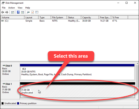 
            Unallocated disk attached to your Windows Server instance
          