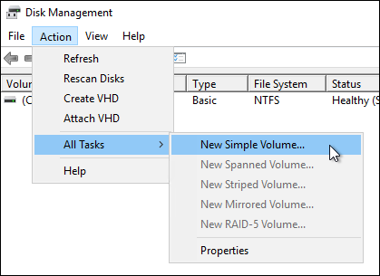 
            Begin the New Simple Volume wizard using the Action menu
          