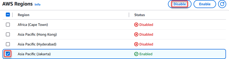 Displays how to disable an opt-in Region.