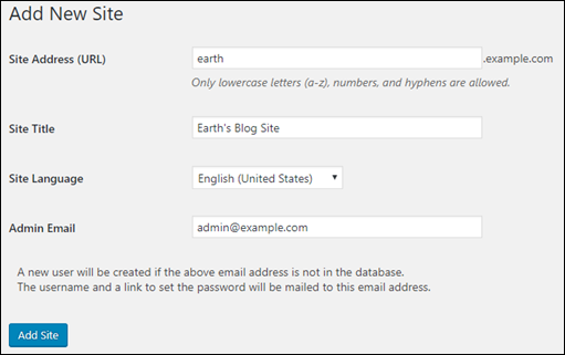 Add new site in the WordPress administration dashboard.