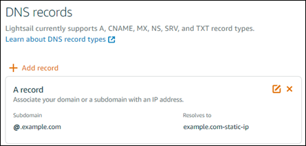 DNS zone editor in the Lightsail console.