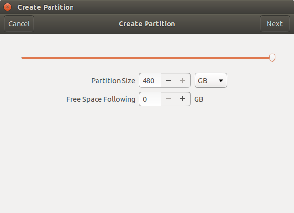 Create Partition dialog showing Partition Size set to 480 GB and Free Space Following at 0 GB.