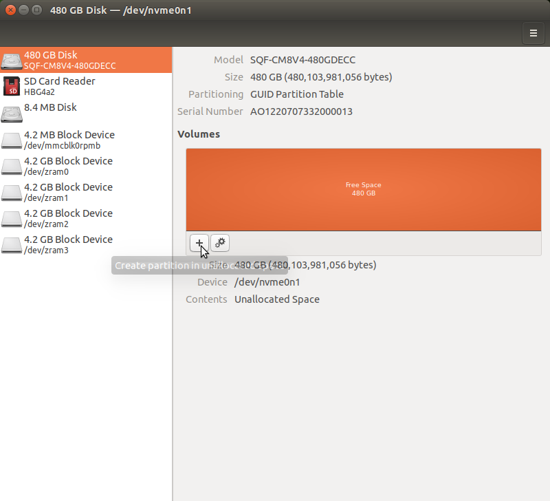 Disk management interface showing a 480 GB unallocated disk with option to create partition.