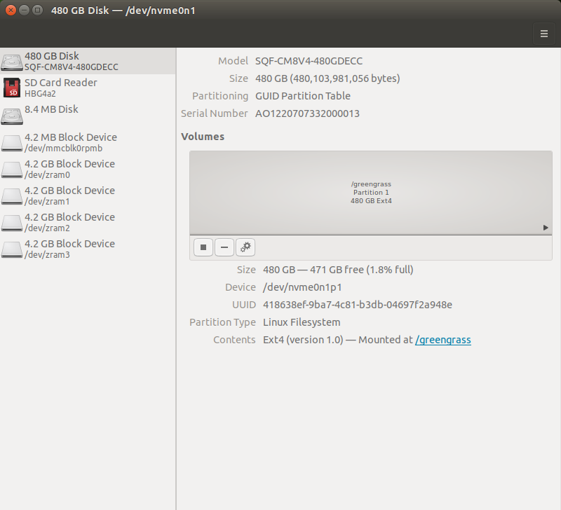 Disk management interface showing a 480 GB SSD with partition details and mounted volumes.