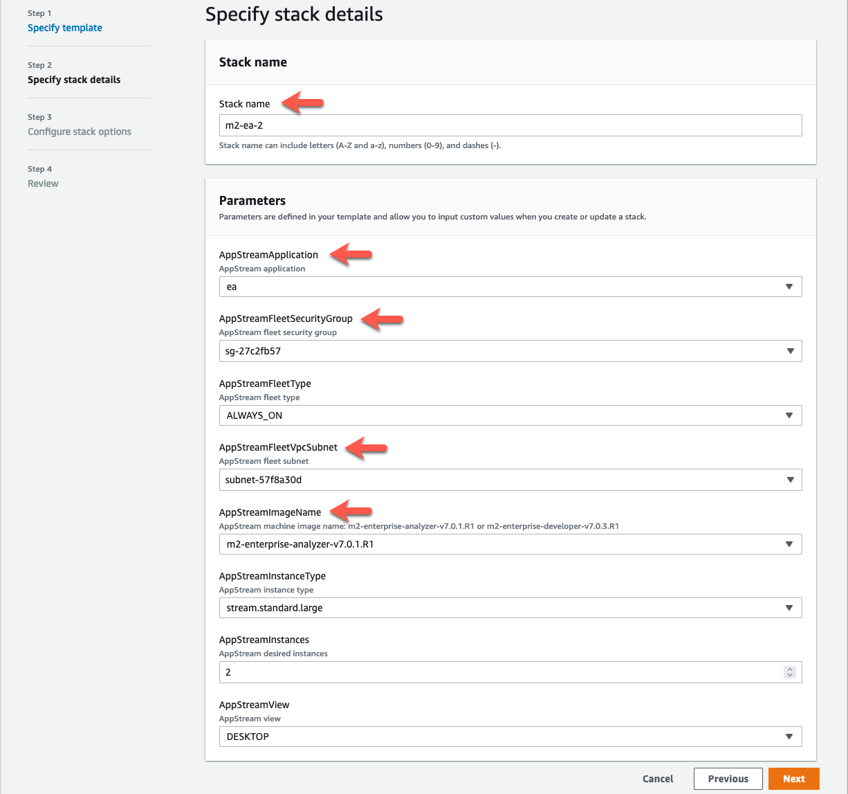 
            The AWS CloudFormation specify stack details page with Enterprise Analyzer options filled in.
          