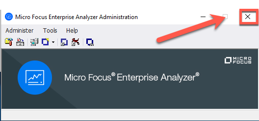 
      The Micro Focus Enterprise Analyzer Administration tool with the Close button selected.
     