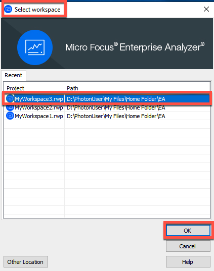 
      The Select workspace dialog box of Micro Focus Enterprise Analyzer administration tool with a project
       selected.
     