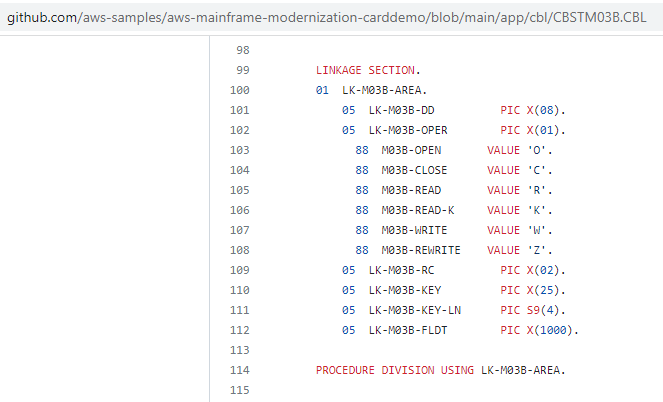 Sample linkage in a COBOL source file