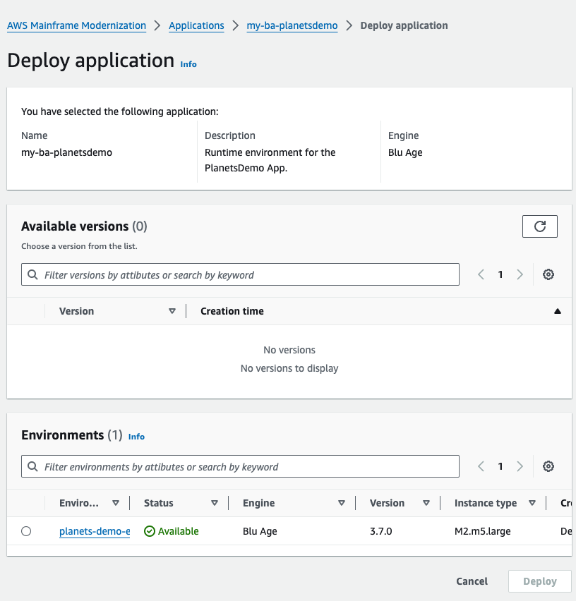 
      The AWS Mainframe Modernization Deploy application page with the planets demo app displayed.
     