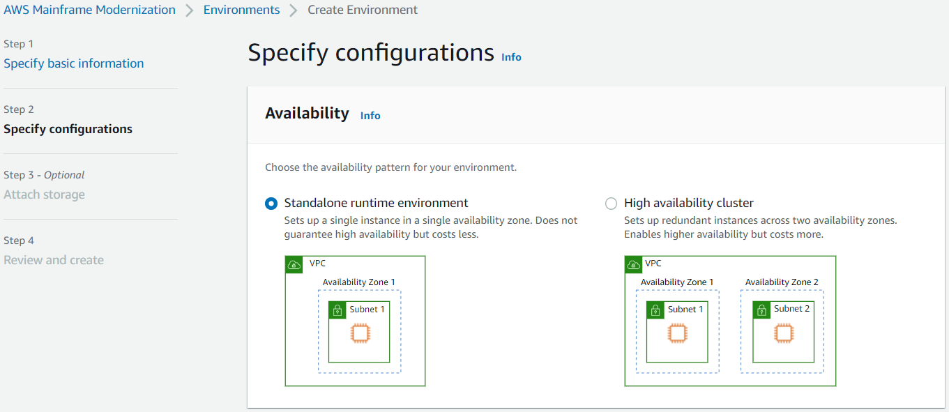 
      The AWS Mainframe Modernization Availability section with Standalone runtime environment selected.
     