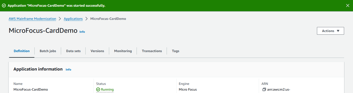 The Application start succeeded message.