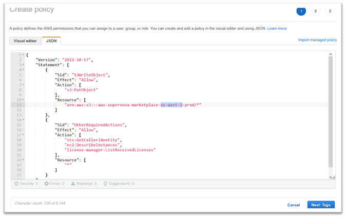 JSON tab with policy entered and us-west-1 highlighted.