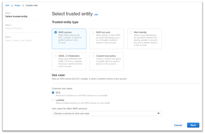 Select trusted entity with AWS service and EC2 selected