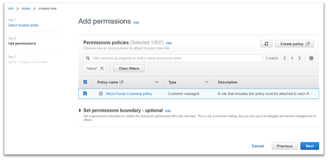 Add permissions with Micro Focus policy selected.