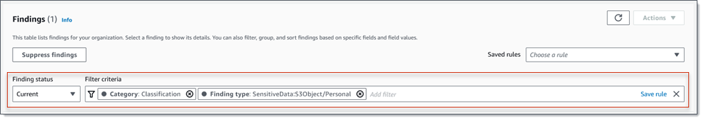 
      The Filter criteria box, on the Findings
       page, with filter tokens for two conditions.
     