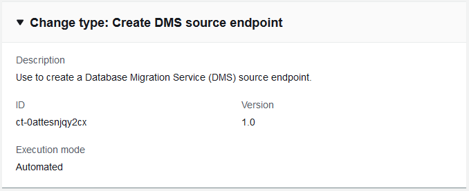 Change type details for creating a DMS source endpoint, including ID and version.