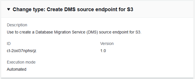 Change type details for creating a DMS source endpoint for S3, including ID and version.