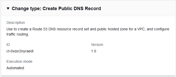 Change type details for creating a public DNS record, including description and execution mode.