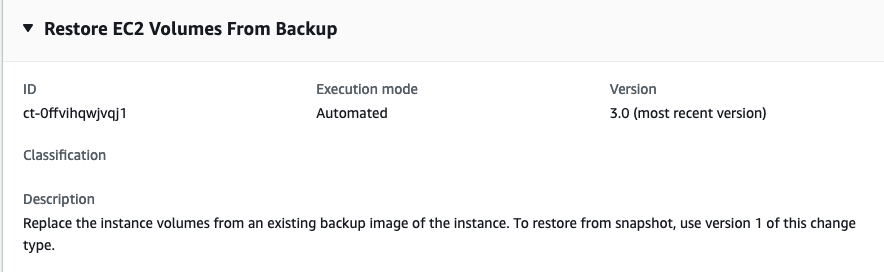 Change type details for restoring EC2 volumes from backup, including ID and execution mode.