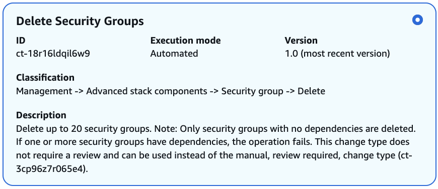 Change type details for deleting security groups, including ID, mode, version, and description.