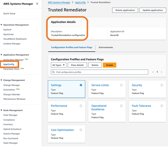 An example of Trusted Remediator configurations in the AWS AppConfig console.