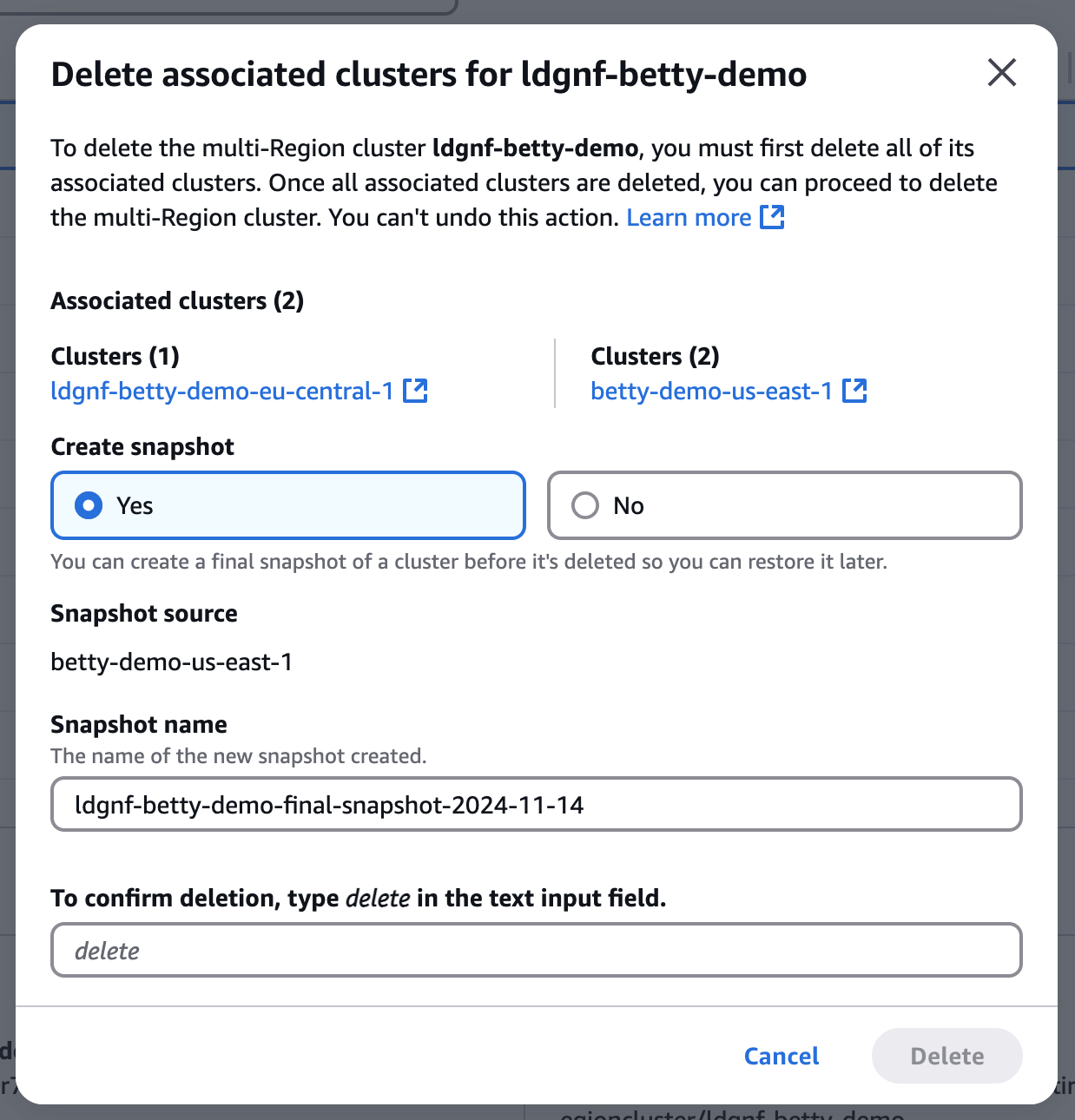 Console view of selecting to delete all associated clusters with a Multi Region cluster.